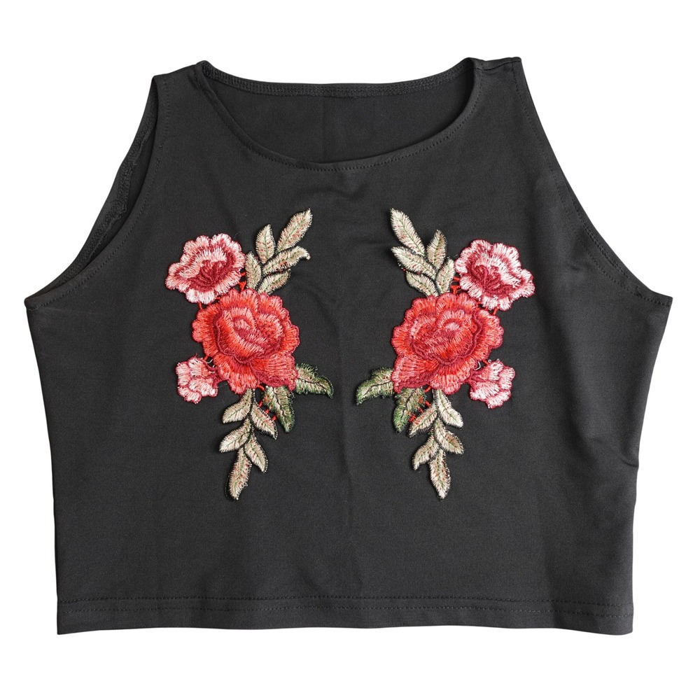 Vintage Y2K Floral Embroidered Crop Tank Top Womens M Black Rose Boho Indie 00s